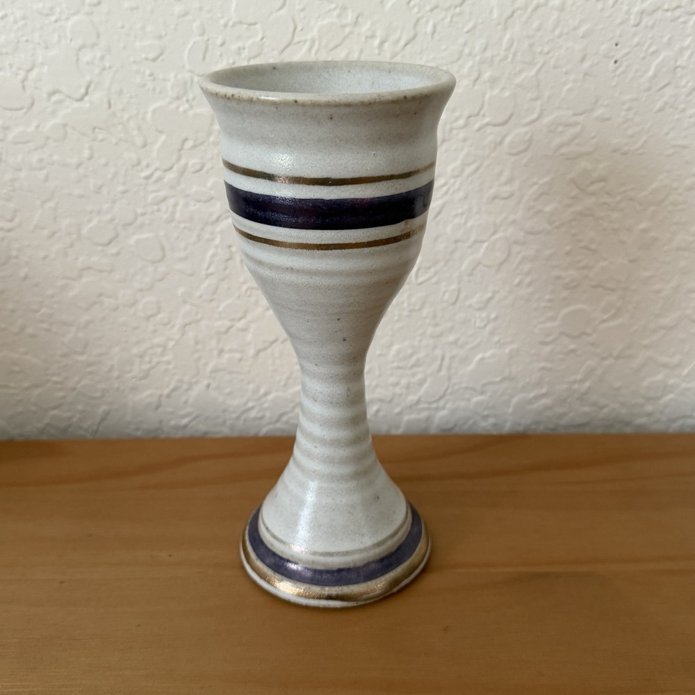 Clyde Gobble Studio Pottery Goblet Handmade Signed Wine Cup Gift White Purple